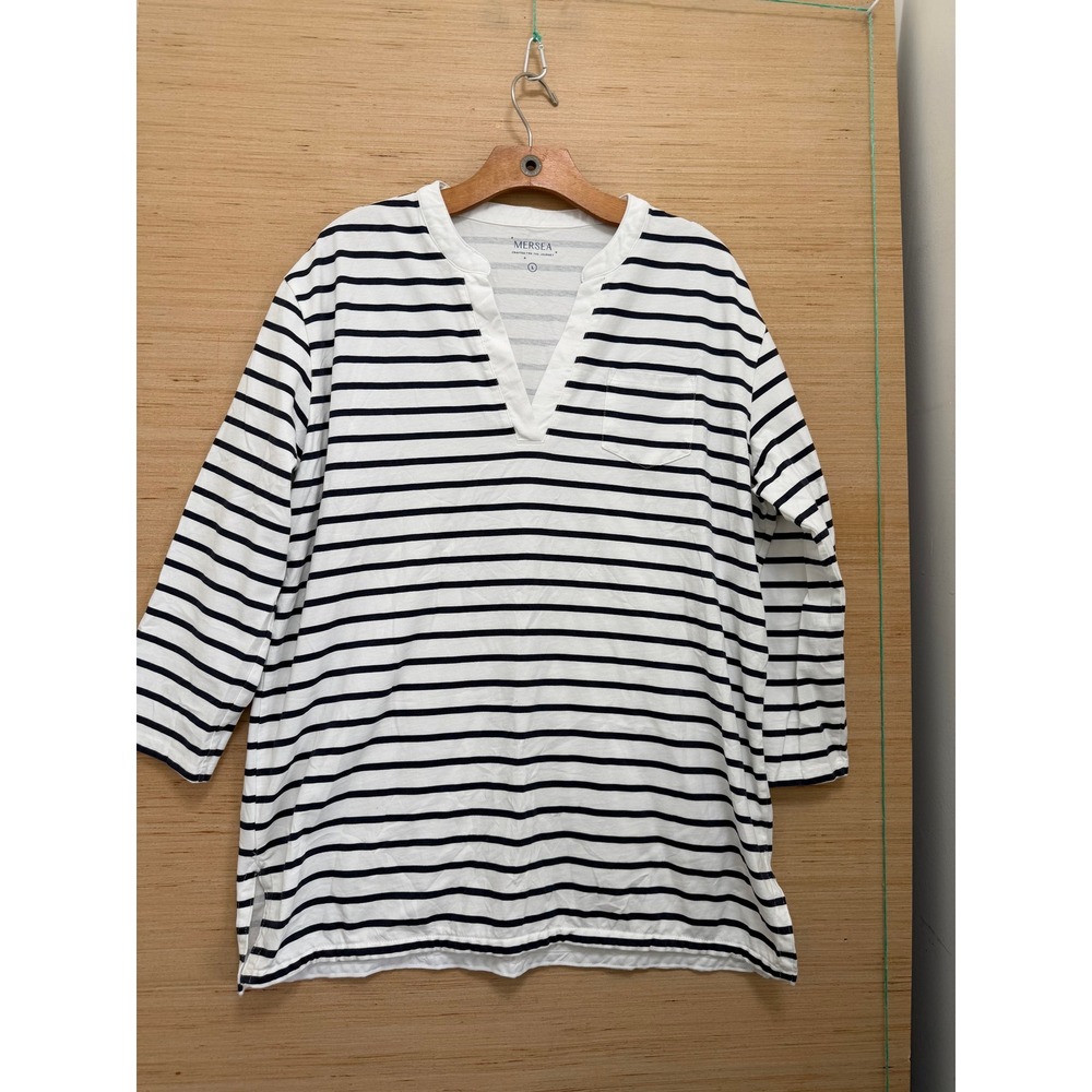 Mersea Womens Striped Split V-Neck Tunic Top Navy White Size L 3/4 Sleeve Pocket